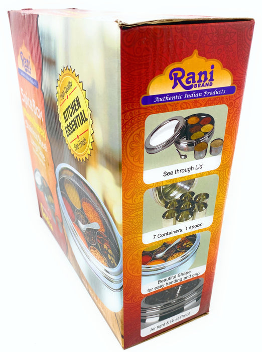 Rani Spice Box Stainless Steel Transparent Round Storage For Spices (Masala Dabba) 7 Compartments, with spoon (9.2in x 3in) ~ Packed in an attractive box, perfect for gifts!