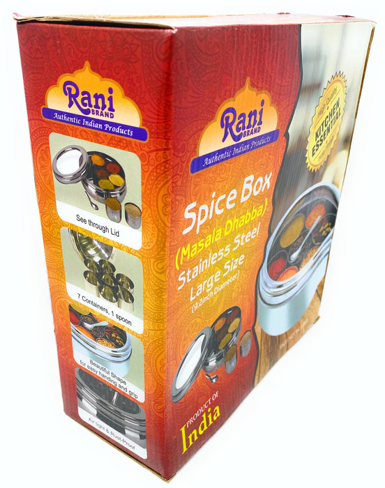 Rani Spice Box Stainless Steel Transparent Round Storage For Spices (Masala Dabba) 7 Compartments, with spoon (9.2in x 3in) ~ Packed in an attractive box, perfect for gifts!