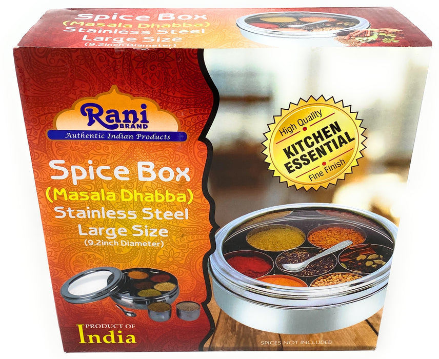 Rani Spice Box Stainless Steel Transparent Round Storage For Spices (Masala Dabba) 7 Compartments, with spoon (9.2in x 3in) ~ Packed in an attractive box, perfect for gifts!