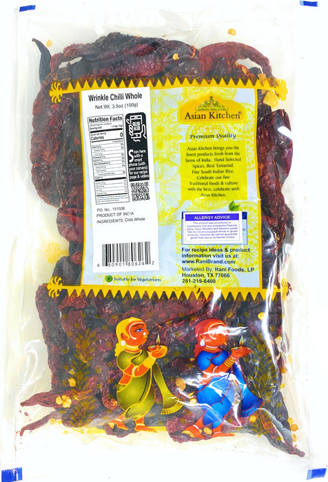 Asian Kitchen Wrinkled Chilies Whole Stemless (Mirch Sabut) 3.5oz (100g) ~ All Natural | Vegan | No Colors | Gluten Friendly | Indian Origin