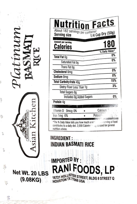 Asian Kitchen Platinum White Basmati Rice Extra Long Aged 20lbs (9.08kg) ~ All Natural | Gluten Friendly | Vegan | Indian Origin | Export Quality