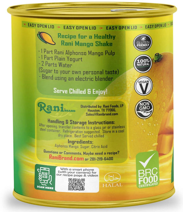 Rani Mango Pulp Puree (Makes Mango Lassi Shakes) Alphonso Sweetened 30oz (1.875lbs) 850g Pack of 6 ~ Kosher | All Natural | NON-GMO | Vegan | No colors | Gluten Friendly | Indian Origin