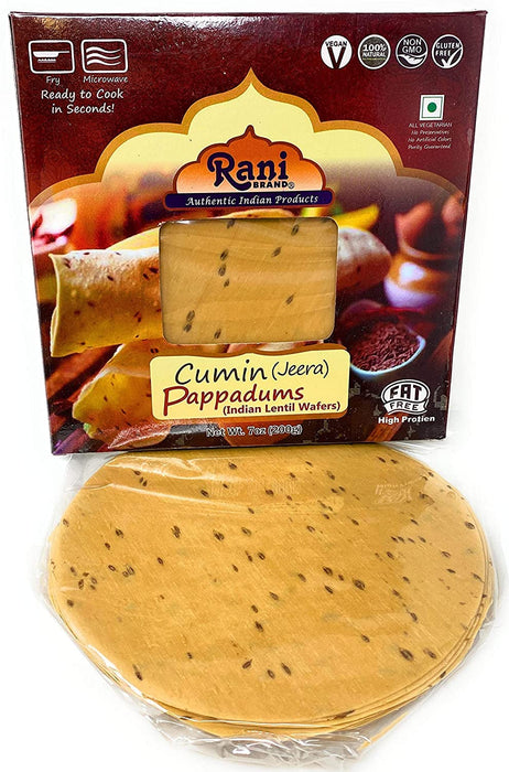 Rani Pappadums (Indian Lentil Wafer Snack) Jeera (Cumin) Papad 7oz (200g) Approximately 15pc, 7 inches, Pack of 2 ~ All Natural | Gluten Friendly