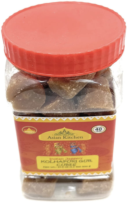 Asian Kitchen Kolhapuri Gur (Jaggery) Cubes 17.5oz (1.1lbs) 500g PET Jar ~ Unrefined Cane Sugar, No Color added, Gluten Friendly | Vegan | NON-GMO | No Salt or fillers