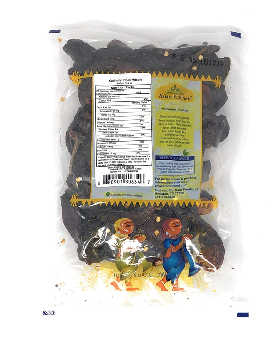Asian Kitchen Kashmiri Chilli Whole Stemless, Low Heat Indian Chilli 3.5oz (100g) ~ All Natural | Vegan | Gluten Friendly | NON-GMO | Indian Origin