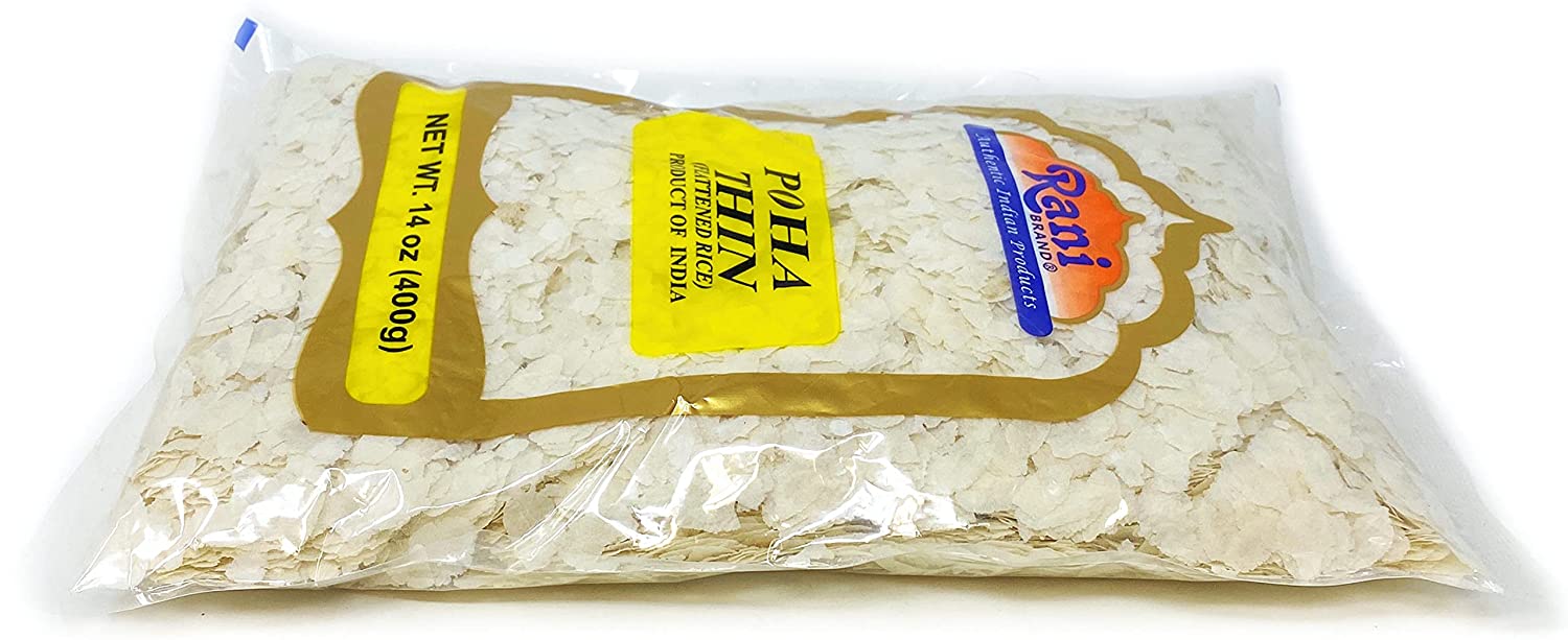 Rani Poha (Powa) Thin Cut (Flattened Rice) 14oz (400g) ~ All Natural, Salt-Free | Vegan | No Colors | Gluten Friendly | Indian Origin