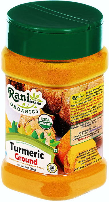 Rani Organic Turmeric (Haldi) Root Powder Spice, (High Curcumin Content) 3oz (85g) PET Jar ~ All Natural | Indian Origin | USDA Certified Organic