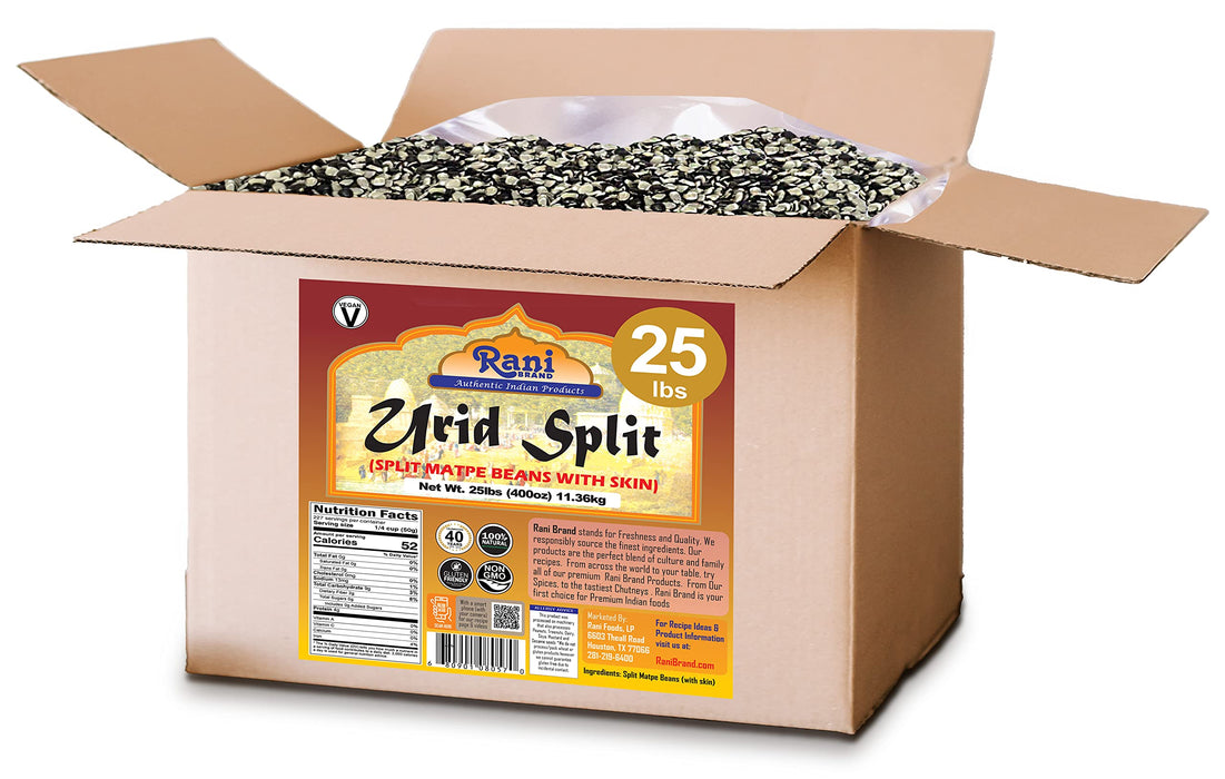 Rani Urid/Urad Split Chilka (Split Matpe Beans with Skin) Indian Lentils 400oz (25lbs) 11.36kg Bulk Box ~ All Natural | Gluten Friendly | NON-GMO | Vegan | Indian Origin