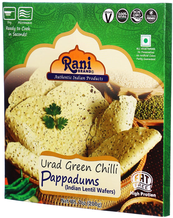 Rani Pappadums (Indian Lentil Wafer Snack) Green Chilli Papad 7oz (200g) Approximately 15pc, 7 inches ~ All Natural | Gluten Friendly | NON-GMO | Vegan | Indian Origin