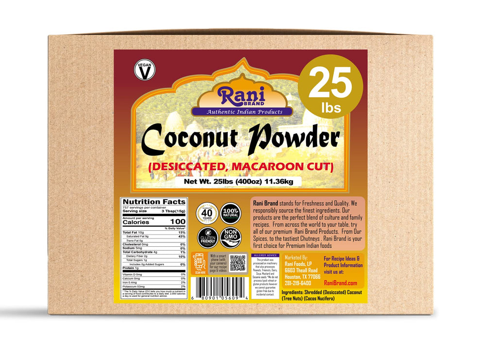Rani Coconut Fine Powder (Desiccated, Macaroon Cut) 400oz (25lbs) 11.36kg, Bulk Box, Raw (uncooked, unsweetened) ~ All Natural | Vegan | Gluten Friendly