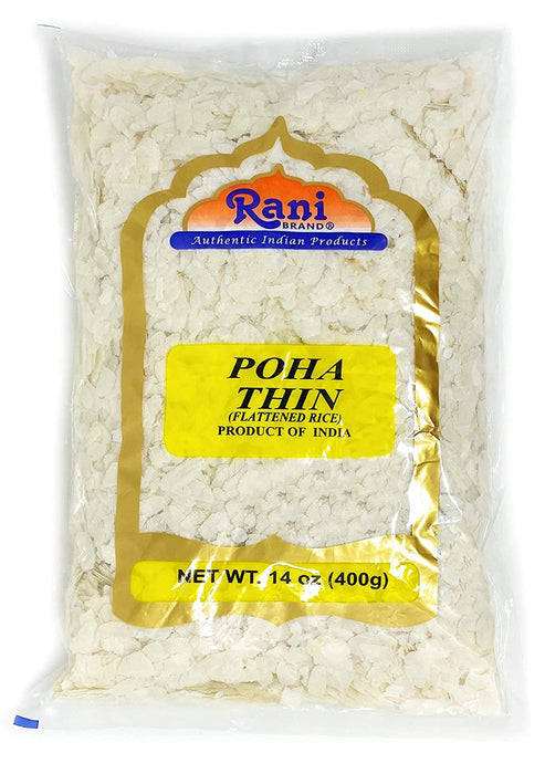 Rani Poha (Powa) Thin Cut (Flattened Rice) 14oz (400g) ~ All Natural, Salt-Free | Vegan | No Colors | Gluten Friendly | Indian Origin