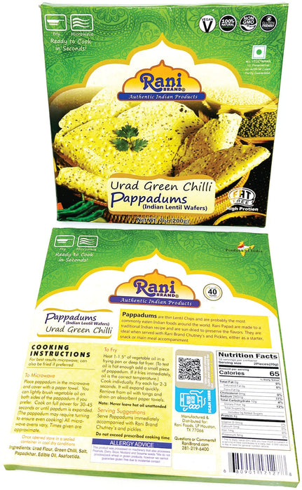 Rani Pappadums (Indian Lentil Wafer Snack) Green Chilli Papad 7oz (200g) Approximately 15pc, 7 inches, Pack of 2 ~ All Natural | Gluten Friendly | NON-GMO | Vegan | Indian Origin