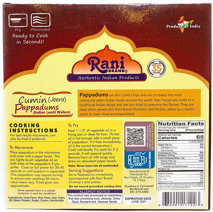 Rani Pappadums (Indian Lentil Wafer Snack) Jeera (Cumin) Papad 7oz (200g) Approximately 15pc, 7 inches ~ All Natural | Gluten Friendly | NON-GMO | Vegan | Indian Origin