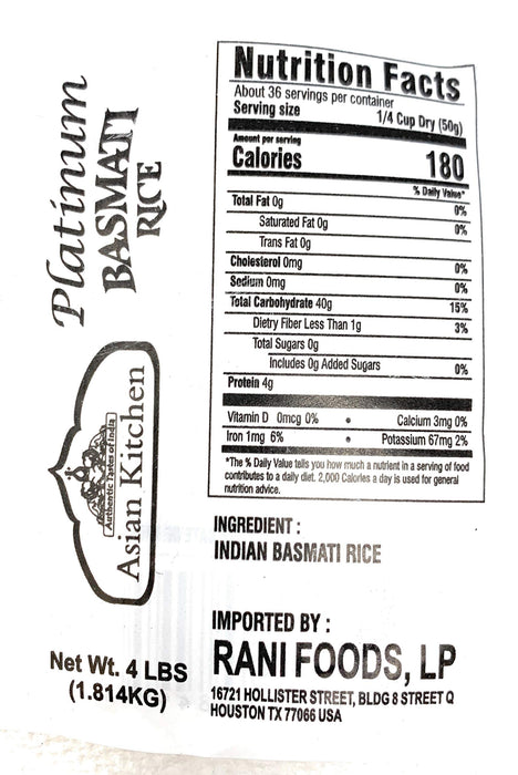 Asian Kitchen Platinum White Basmati Rice Extra Long Aged 4lbs (1.81kg) ~ All Natural | Gluten Friendly | Vegan | Indian Origin | Export Quality