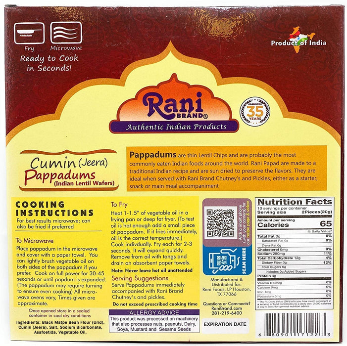 Rani Pappadums (Indian Lentil Wafer Snack) Jeera (Cumin) Papad 7oz (200g) Approximately 15pc, 7 inches, Pack of 12 ~ All Natural | Gluten Friendly