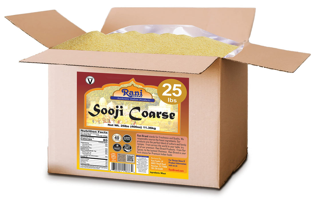 Rani Sooji Coarse (Farina, Suji, Rava, Rawa, Wheat Semolina) Flour 400oz (25lbs) 11.36kg Bulk Box ~ All Natural | Vegan | NON-GMO | Indian Origin