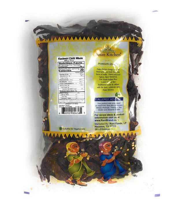 Asian Kitchen Kashmiri Chilli Whole Stemless, Low Heat Indian Chilli 14oz (400g) ~ All Natural | Vegan | Gluten Friendly | NON-GMO | Indian Origin