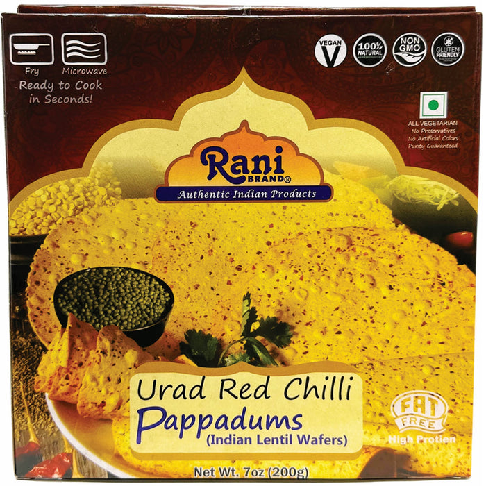 Rani Pappadums (Indian Lentil Wafer Snack) Red Chilli Papad 7oz (200g) Approximately 15pc, 7 inches, Pack of 12 ~ All Natural | Gluten Friendly | NON-GMO | Vegan | Indian Origin