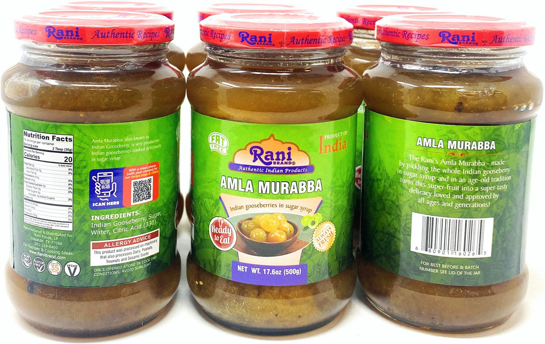 Rani Amla Murabba (Indian Gooseberries in Sugar Syrup) 17.5oz (1.1lbs) 500g Glass Jar, Pack of 5+1 FREE ~ All Natural | Vegan | Gluten Free | NON-GMO