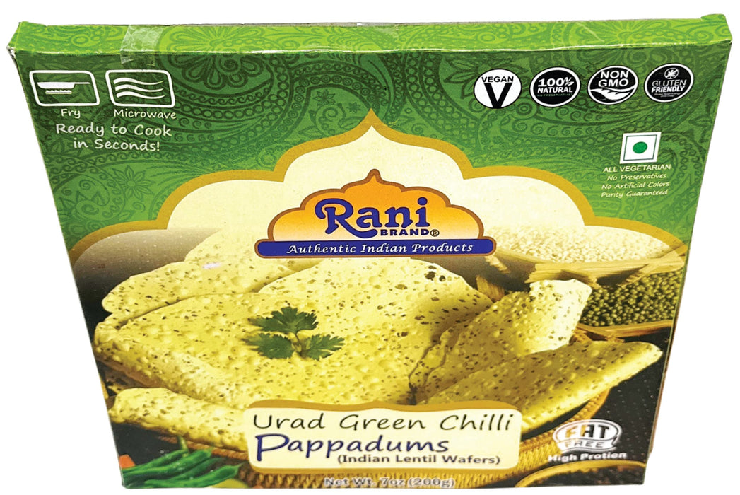 Rani Pappadums (Indian Lentil Wafer Snack) Green Chilli Papad 7oz (200g) Approximately 15pc, 7 inches, Pack of 12 ~ All Natural | Gluten Friendly | NON-GMO | Vegan | Indian Origin