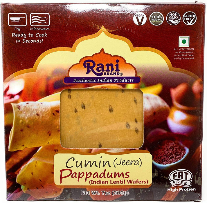 Rani Pappadums (Indian Lentil Wafer Snack) Jeera (Cumin) Papad 7oz (200g) Approximately 15pc, 7 inches, Pack of 2 ~ All Natural | Gluten Friendly