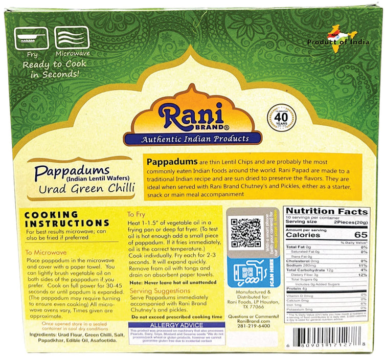Rani Pappadums (Indian Lentil Wafer Snack) Green Chilli Papad 7oz (200g) Approximately 15pc, 7 inches, Pack of 2 ~ All Natural | Gluten Friendly | NON-GMO | Vegan | Indian Origin