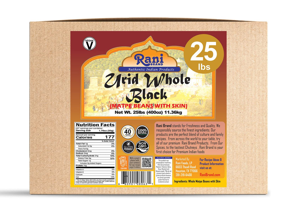 Rani Urid/Urad Whole Black (Matpe Beans with Skin) Indian Lentils 400oz (25lbs) 11.36kg Bulk Box ~ All Natural | Gluten Friendly | NON-GMO | Vegan | Indian Origin