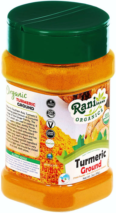 Rani Organic Turmeric (Haldi) Root Powder Spice, (High Curcumin Content) 3oz (85g) PET Jar ~ All Natural | Indian Origin | USDA Certified Organic
