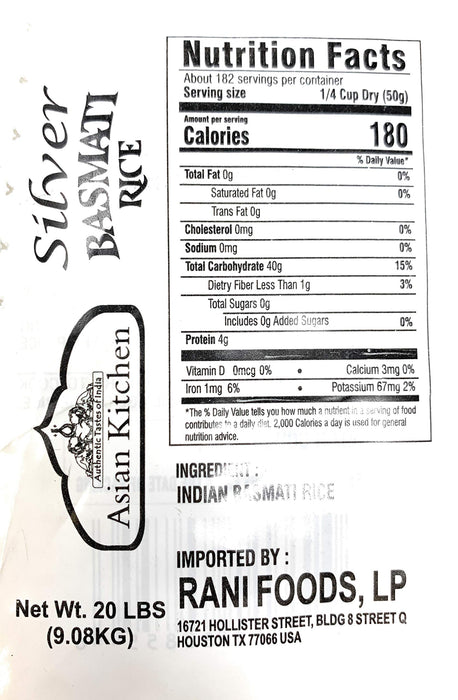 Asian Kitchen Silver White Basmati Rice Aged, 20 Pound (20lbs, 9.08kg) ~ All Natural | Gluten Friendly | Vegan | Indian Origin | Export Quality