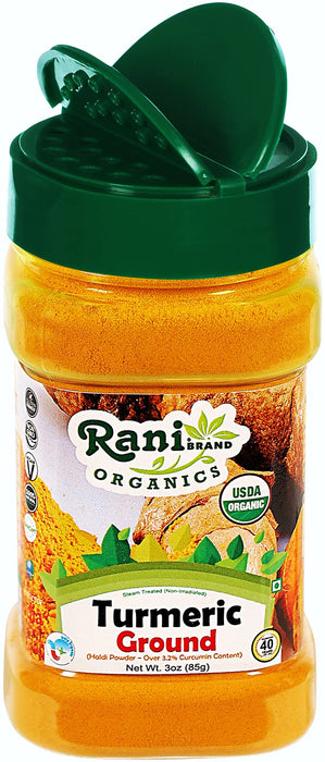 Rani Organic Turmeric (Haldi) Root Powder Spice, (High Curcumin Content) 3oz (85g) PET Jar ~ All Natural | Indian Origin | USDA Certified Organic