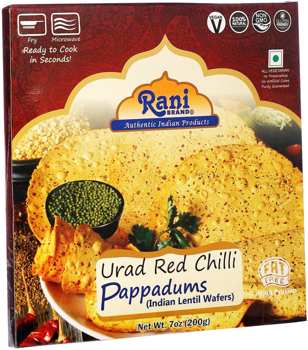 Rani Pappadums (Indian Lentil Wafer Snack) Red Chilli Papad 7oz (200g) Approximately 15pc, 7 inches ~ All Natural | Gluten Friendly | NON-GMO | Vegan | Indian Origin