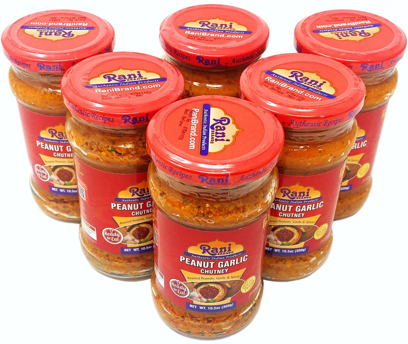 Rani Peanut Garlic Chutney 10.5oz (300g) Glass Jar, Ready to Eat, Pack of 5+1 FREE ~ Vegan | Gluten Free | NON-GMO | No Colors | Indian Origin