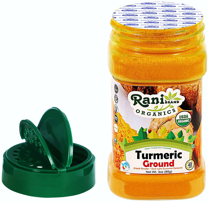 Rani Organic Turmeric (Haldi) Root Powder Spice, (High Curcumin Content) 3oz (85g) PET Jar ~ All Natural | Indian Origin | USDA Certified Organic