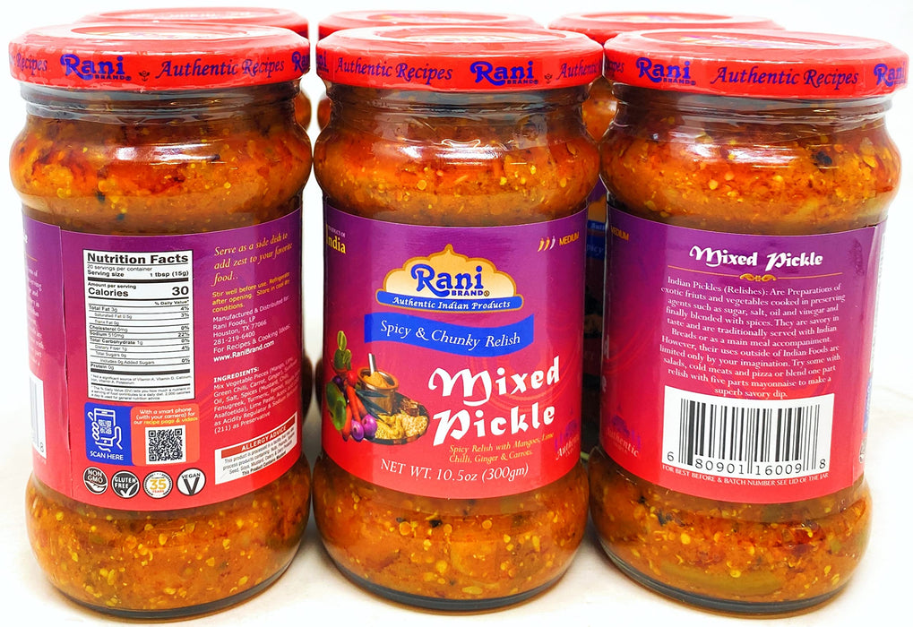 Rani Mixed Vegetable Pickle (Achar, Spicy Indian Relish) 10.5oz (300g) Glass Jar, Pack of 5+1 FREE ~ Vegan | Gluten Free | NON-GMO | No Colors