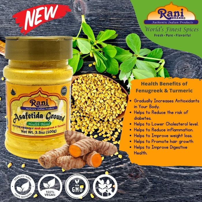 Rani Asafetida (Hing) Ground Health Blend w/ Fenugreek and Turmeric 3.5oz (100g) ~ Gluten Friendly | Natural | Salt Free | Vegan | NON-GMO