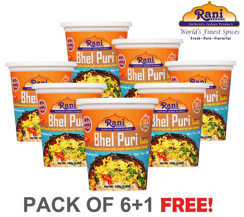 Rani Bhel Puri Cup (Spicy & Crunchy Indian Snack w/ mouth watering Indian Chutneys) 3.5oz (100g), Pack of 6+1 FREE ~ Ready to Eat | Vegan | NON-GMO | Indian Origin