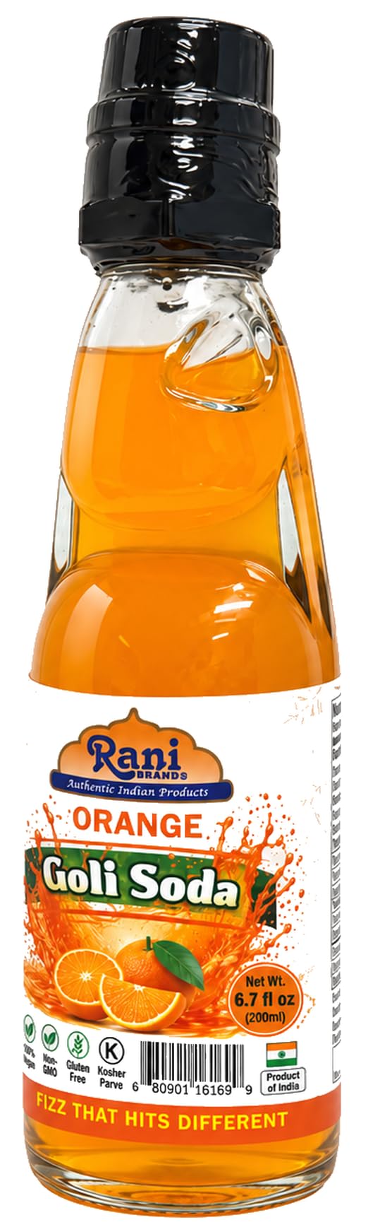 Rani Orange Goli Soda 6.7 fl oz (200 ml) Glass Bottle with Marble Seal, Pack of 2 ~ Vegan | Gluten Free | Non-GMO | Indian Origin
