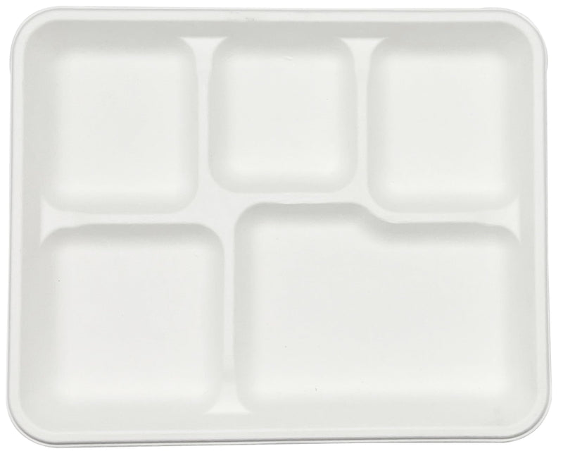 Rani 5 Compartment Square Biodegradable Divided Plates, Pack of 500 ~ Party, Thali, Buffet | Disposable & Eco-Friendly | Heavy-Duty Sturdy Paper Bagasse | Premium Quality | 10.24" x 8.27" x 0.91"