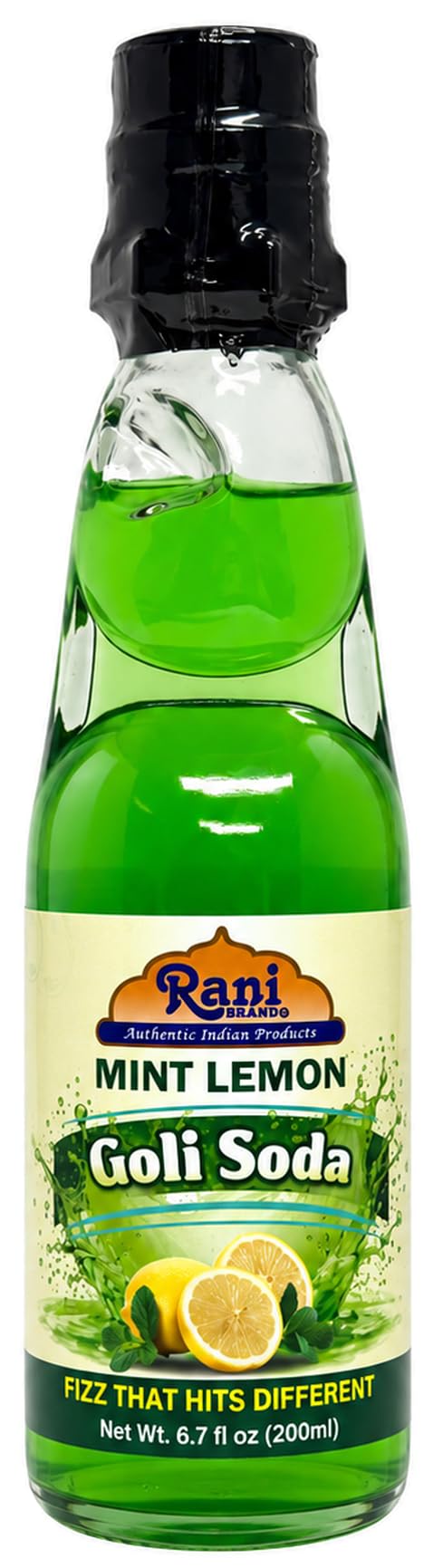 Rani Mint Lemon Goli Soda 6.7 fl oz (200 ml) Glass Bottle with Marble Seal, Pack of 6 ~ Vegan | Gluten Free | Non-GMO | Indian Origin
