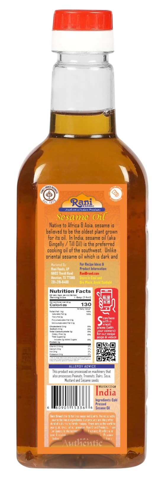 Rani Sesame Oil 16.9 Ounce (500ml) Cold Pressed | 100% Natural | NON-GMO | Kosher |  Vegan | Gluten Free