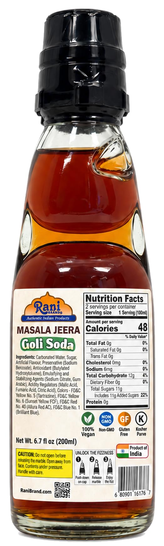 Rani Masala Jeera Goli Soda 6.7 fl oz (200 ml) Glass Bottle with Marble Seal, Pack of 2 ~ Vegan | Gluten Free | Non-GMO | Indian Origin