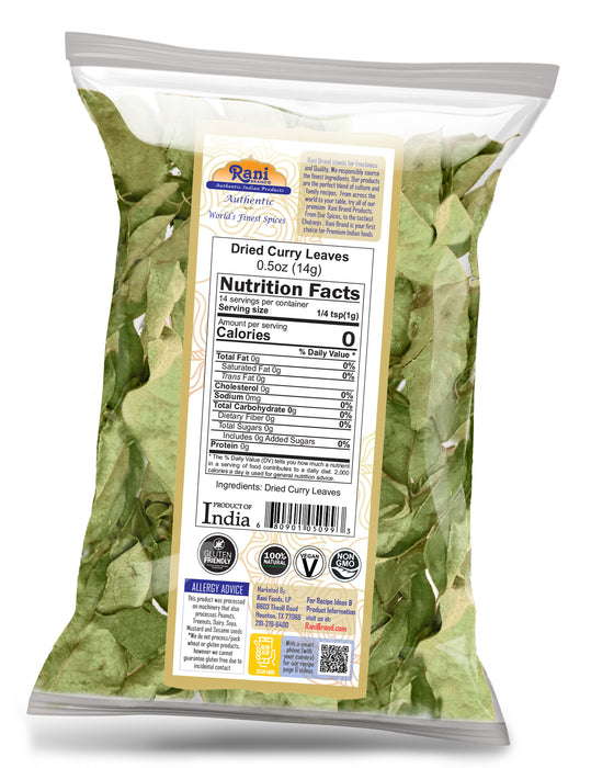 Rani Dried Curry Whole Leaves (Kari Neem Patha) 0.5oz (14g) All Natural | Vegan | Gluten Friendly | NON-GMO | Kosher | Product of USA