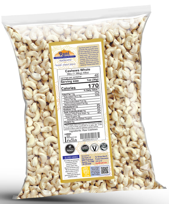 Rani Raw Cashews Whole (uncooked, unsalted) 48oz (3lbs) 1.36kg Bulk ~ All Natural, No Preservatives | Vegan | NON-GMO | Kosher | Gluten Friendly