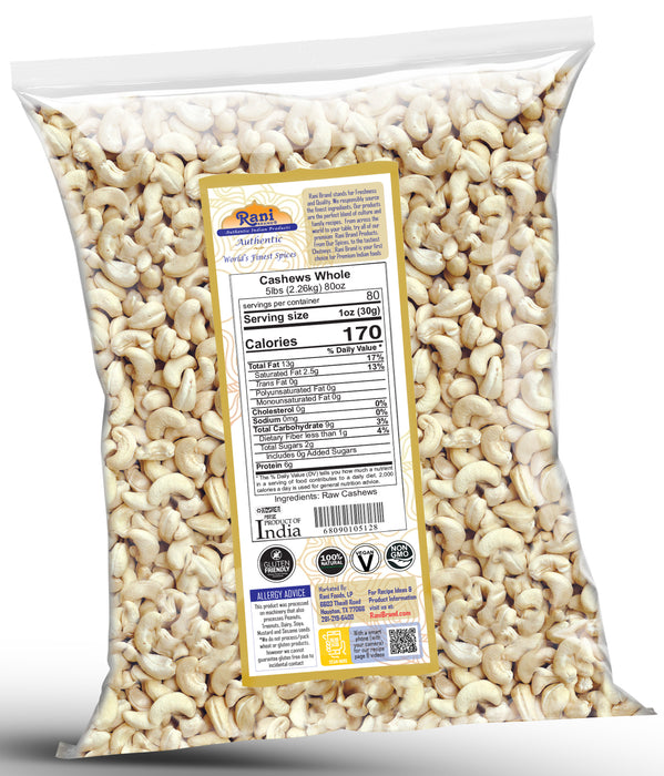 Rani Raw Cashews Whole (uncooked, unsalted) 80oz (5lbs) 2.27kg Bulk ~ All Natural, No Preservatives | Vegan | NON-GMO | Gluten Friendly