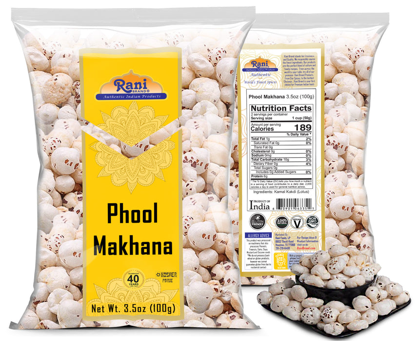Rani Phool Makhana (Fox Nut / Popped Lotus Seed) 3.5oz (100g) ~ Plain Raw Uncooked | ~ All Natural | Vegan | No Colors | Gluten Friendly | NON-GMO | Kosher