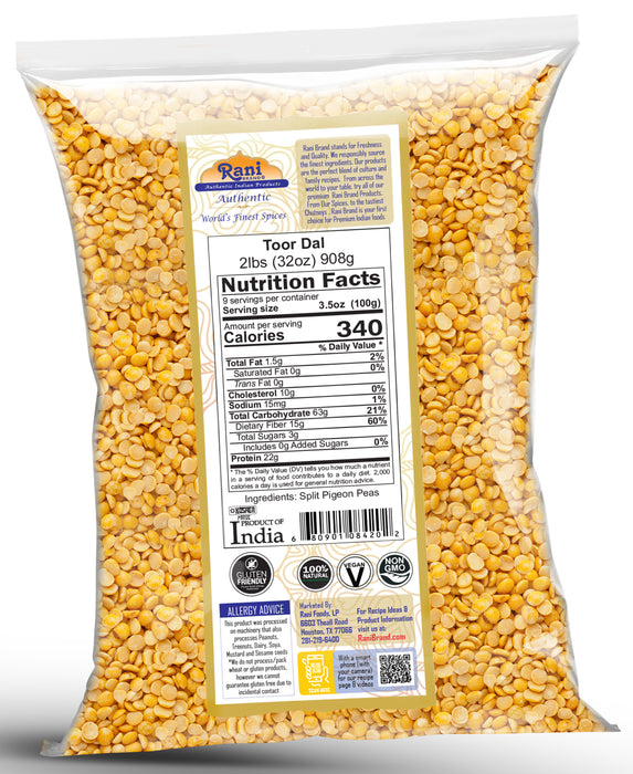 Rani Toor Dal (Split Pigeon Peas) 32oz (2lbs) 908g ~ All Natural | Gluten Friendly | NON-GMO | Kosher | Vegan | Indian Origin