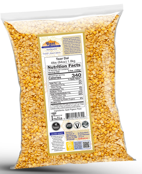 Rani Toor Dal (Split Pigeon Peas) 64oz (4lbs) 1.81kg ~ All Natural | Gluten Friendly | NON-GMO | Kosher | Vegan | Indian Origin