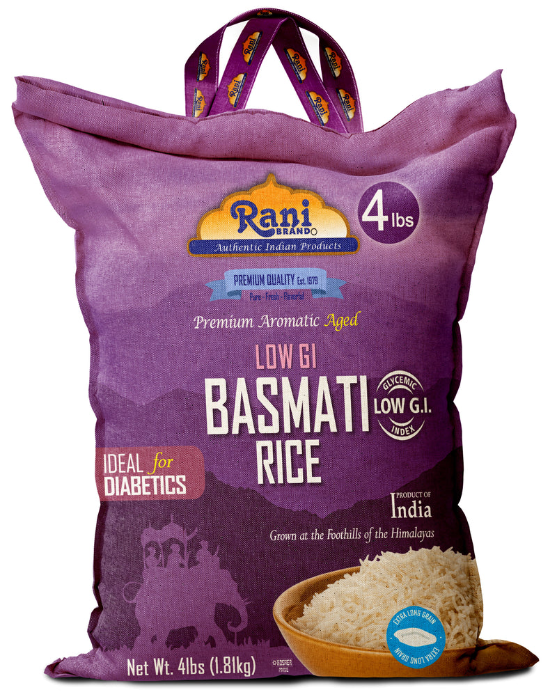 Rani White Basmati Rice Low GI (Glycemic Index) Extra Long Aged, Ideal for Diabetics, 4lbs (64oz) 1.81kg Cloth Bag ~ All Natural | Gluten Free | Vegan | Indian Origin | Export Quality