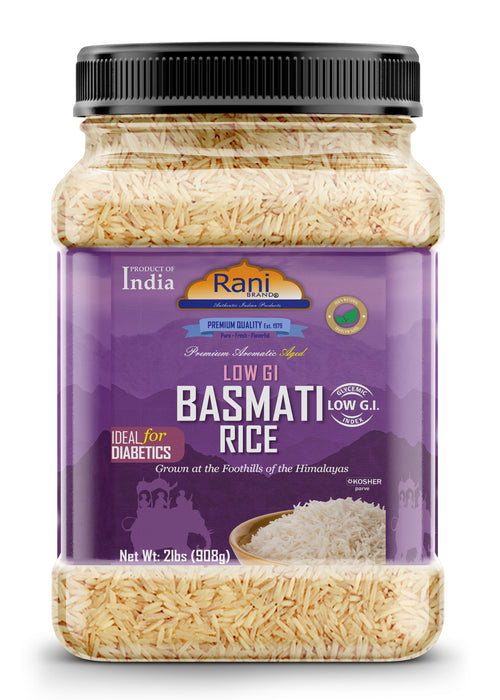 Rani White Basmati Rice Low GI (Glycemic Index) Extra Long Aged, Ideal for Diabetics, 32oz (2lbs) 908g PET Jar~ All Natural | Gluten Free | Vegan | Indian Origin | Export Quality