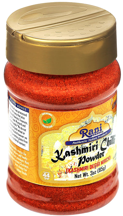 Rani Kashmiri Chilli Powder (Deggi Mirch, Low Heat) Ground Indian Spice 3oz (85g) PET Jar ~ All Natural | Salt-Free | Vegan | Kosher | Gluten Friendly | Perfect for Deviled Eggs & Other Low Heat Dishes